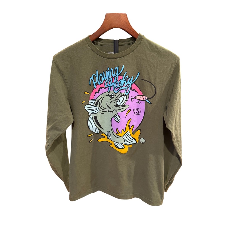 Neff Mens Playing Hooky Fishing Graphic Long Sleeve T-Shirt Olive Green Small